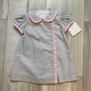NWT Petit Bebe by Anavini Gray Polka Dot Float Dress with Pink Check Ruffle 12M